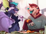 anthro bat chopsticks claws clothed clothing collar duo eyes_closed food forked_tongue male mammal membrane_(anatomy) mustelid open_mouth open_smile otter smile sushi teeth tongue twistedhound webbed_hands