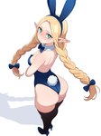 absurd_res big_butt black_clothing black_legwear black_thigh_highs blonde_hair blue_bow blue_bow_tie blue_clothing blue_footwear blue_leotard blue_shoes blush blush_lines bow_tie braided_hair breasts bunny_costume butt clothing costume crossed_arms delicious_in_dungeon elf eyelashes fake_ears fake_rabbit_ears fake_rabbit_tail fake_tail female footwear green_eyes hair hi_res high_heels humanoid humanoid_pointy_ears legwear leotard looking_at_viewer looking_back looking_back_at_viewer maidcousin marcille_donato not_furry pointy_ears rear_view shoes simple_background small_breasts solo tan_body tan_skin thick_thighs thigh_highs twintails_(hairstyle) white_background wide_hips