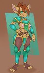 absurd_res anthro armor armor_plates balls belt bottomwear breasts casual_exposure cen_(maddworld) clothed clothing digital_media_(artwork) ecca_(maddworld) genitals green_eyes gynomorph hair hi_res horn ineffective_clothing intersex jewelry leggings legwear looking_at_viewer maddworld mammal melee_weapon navel necklace nipples penis red_hair simple_background smile solo tan_body topwear unconvincing_armor weapon