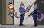 anthro as_dusk_falls_a_new_dawn_rises awm awp benjamin_clawhauser brick_wall canid canine canis cheetah countershading disney doorway duo electronics felid feline female fox gun gun_range headphones hi_res judy_hopps lagomorph leporid male male/female mammal mathilda_growley misterfyrryman mp7 nick_wilde pantherine rabbit ranged_weapon red_fox rifle shooting_range sniper_rifle snow_leopard submachine_gun suppressed_weapon true_fox wade_wolfard wall_(structure) weapon wolf zootopia