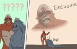 bald disgust disgusted_face disturbed empty_eyes english_text feral godzilla godzilla_(series) hi_res male mammal primate question_mark ruubeszdraws shedding shedding_skin simple_background skar_king solo sound_effects text toho