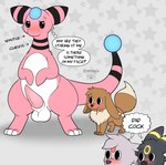 ampharos animal_genitalia balls blush daughter_(lore) dialogue eevee eeveelution embarrassed english_text erection espeon espy_(xenoyia) family father_(lore) feral generation_1_pokemon generation_2_pokemon genitals grey_background group hi_res humor incest_(lore) looking_at_another looking_at_another's_penis looking_at_genitalia looking_at_penis mother_(lore) mother_and_child_(lore) nintendo parent_(lore) parent_and_child_(lore) pattern_background penis pokemon pokemon_(species) shared_thought_bubble sheath simple_background simple_eyes size_difference son_(lore) tapering_penis text thought_bubble umbreon umbry_(xenoyia) unaware xenoyia