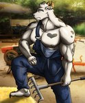 absurd_res alkan anthro barefoot big_pecs blue_clothing blue_overalls bodily_fluids bottomwear bovid bovine brown_eyes cattle clothed clothing farm farmer feet fur heart_symbol hi_res horn male mammal moobs muscular muscular_anthro muscular_male nipples open_nipple_clothing overalls overalls_only pecs rake solo spots sweat tools topless topless_anthro topless_male white_body white_fur