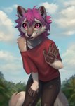 anthro clothed clothing felid feline hair hi_res lostgoose male mammal outside pink_eyes purple_hair solo torn_clothing