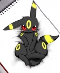 2010 ambiguous_gender black_body black_fur blush eeveelution feral fur generation_2_pokemon looking_at_viewer lying markings nintendo on_back pokemon pokemon_(species) red_eyes solo umbreon yellow_markings zefi