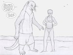 2023 ambient_bird anthro avian balls_outline beach beachcomber_(strega) belly big_belly bikini biped bird bra breasts bulge clothed clothing detailed_bulge dialogue duo english_text feet female fur genital_outline greyscale hi_res human male mammal membrane_(anatomy) monochrome mustelid navel nipple_outline otter penis_outline pregnant seaside semi-anthro sheath_outline snout speech_bubble strega swimwear tail text toes topless traditional_media_(artwork) two-piece_swimsuit underwear webbed_feet webbed_hands