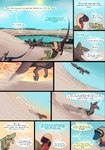 absurd_res comic desert dinosaur dragon dragonscape drekir dromaeosaurid dunes english_text female feral forl_(thepatchedragon) gila_(thepatchedragon) group hi_res hiker_(thepatchedragon) jat_(thepatchedragon) jumping lake male melee_weapon mythological_creature mythological_scalie mythology polearm post-apocalyptic prehistoric_species ralan_(thepatchedragon) reptile scalie spear tail text thepatchedragon theropod travois tribal tribal_clothing water weapon