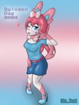 3:4 anthro clothed clothing eeveelution female footwear fully_clothed generation_6_pokemon heart_symbol hi_res high_heels nintendo pink_body pokemon pokemon_(species) shoes sin_cyan06 solo sylveon sylveon_day white_body