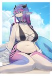 anthro big_breasts bikini blue_eyes blush breasts clothed clothing dragon female hair hi_res horn lanya_(lcshian) lcshian long_hair mythological_creature mythological_scalie mythology outside purple_hair scalie seaside solo swimwear two-piece_swimsuit water white_body