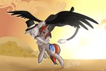 2012 3:2 ambiguous_gender avian beak black_body black_feathers clothing cutie_mark detailed_background digital_drawing_(artwork) digital_media_(artwork) duo dust_cloud equid equine eyebrows eyes_closed fan_character feathered_wings feathers feral flying fur grey_beak grey_body grey_fur grey_horn grey_mane grey_tail gryphon happy hasbro hat head_tuft headgear headwear hooves horn hug hugging_another hugging_from_behind jackle_app_(character) lifting_another mammal mane mic_the_microphone multicolored_mane my_little_pony mythological_avian mythological_creature mythological_equine mythology open_mouth open_smile orange_mane orange_tail outside pink_tongue plant romantic romantic_couple shaded shrub smile soft_shading sunset tail tail_tuft tongue top_hat tree tuft two_tone_mane two_tone_tail unguligrade unicorn white_body white_feathers wings