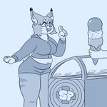 1:1 anthro big_breasts bodily_fluids bottomwear breasts clothing dessert drooling emanata eyewear fatio_catio felid feline female food fur fur_tuft glasses hi_res ice_cream ice_cream_cone lynn_(fatio_catio) lynx mammal midriff saliva shorts slightly_chubby slightly_chubby_female solo thick_thighs tuft weight_gain