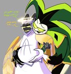 2024 adam_(hazbin_hotel) angel belly_grab clothed clothing demon dialogue digital_drawing_(artwork) digital_media_(artwork) duo empty_eyes fully_clothed gloves green_clothing grey_background halo handwear hazbin_hotel helluva_boss hi_res holding_belly horn humanoid idontwanaexist male male/male mammon_(helluva_boss) overweight overweight_male robe simple_background white_clothing wings yellow_eyes