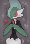 2024 anthro biped black_clothing black_suit blue_body bottomless chain clothed clothing colored deinovolt digital_drawing_(artwork) digital_media_(artwork) english_description flower gallade generation_4_pokemon green_body half-length_portrait heart_symbol hi_res line_art male mouthless multicolored_body necktie nintendo plant pokemon pokemon_(species) portrait pupils red_eyes red_spikes rose_(flower) signature slit_pupils solo spikes spikes_(anatomy) standing suit white_body