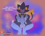 absurd_res anthro balls big_penis blush bodily_fluids digital_media_(artwork) english_text erection fur generation_4_pokemon genital_fluids genitals hi_res huge_penis luxray lxzylux male mammal nintendo nude open_mouth penis pokemon pokemon_(species) simple_background solo tail text