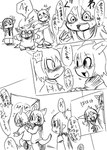 anthro black_and_white blush claws clothed clothing comic dialogue dion_(doneru) doneru erio group hair horn imp japanese_text looking_at_another male_(lore) mammal monochrome necktie ponytail punch right_to_left scalie shari sketch sketchy smile tail text translated wazumi young young_anthro