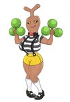 anthro big_breasts blush bottomwear bow_(feature) breasts brown_body clothing female footwear generation_2_pokemon hi_res huge_breasts nintendo overalls pattern_clothing pattern_shirt pattern_topwear pokeball pokemon pokemon_(species) shirt shoes shorts simple_background socks solo striped_clothing striped_shirt striped_topwear stripes sudowoodo topwear urusee584 white_background yellow_eyes