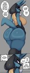 2023 absurd_res anthro big_breasts big_butt breasts butt english_text female generation_4_pokemon hi_res huge_breasts huge_butt lucario multicolored_body nintendo nude offscreen_character pokemon pokemon_(species) pokemorph profanity saltyxodium text thick_thighs