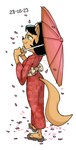 2023 anthro asian_clothing black_eyes clothing dated dbaru digital_drawing_(artwork) digital_media_(artwork) domestic_cat east_asian_clothing felid feline felis female footwear fur geta green_eyes hi_res holding_parasol japanese_clothing kimono kitty_katswell mammal nickelodeon parasol petals sandals shoes simple_background solo t.u.f.f._puppy tan_body tan_fur wagasa white_background