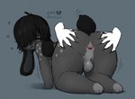 anus backsack balls black_hair bodily_fluids disembodied_hand eyes_closed femboy genitals hair humanoid lagomorph lonely_cri looking_back male mammal rear_view simple_background spread_anus spreading sweat tail