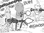 armed automatic_firearm automatic_rifle baalbuddy biped desert_eagle detailed detailed_background elemental_creature feral flora_fauna grass greyscale group gun handgun hi_res humor m60 machine_gun monochrome nintendo onomatopoeia pikmin pikmin_(species) pistol plant purple_pikmin ranged_weapon red_pikmin rocket_launcher rpg-7 shooting sound_effects text trio violence weapon yellow_pikmin