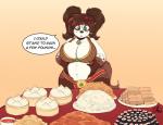 2018 absurd_res anthro bear belly big_breasts blizzard_entertainment breasts brown_body brown_fur brown_hair choker clothed clothing curvy_figure dialogue digital_media_(artwork) english_text female food fur green_eyes hair hand_on_belly hi_res huge_breasts jewelry mammal navel necklace nekocrispy open_mouth pandaren red_pandaren simple_background slightly_chubby solo speech_bubble standing text thick_thighs warcraft weight_gain wide_hips yanshe