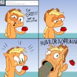 1:1 applejack_(mlp) ask_jappleack blonde_hair bodily_fluids clothing comic cowboy_hat dialogue earth_pony eating english_text equid equine female feral food freckles friendship_is_magic fruit green_eyes hair hasbro hat headgear headwear hi_res horse hotdiggedydemon mammal my_little_pony plant pony ponytail solo text tomato tumblr vomit vomiting