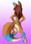 2015 absurd_res anthro breasts butt canid canine carlie_(matttheumbreon) curvy_figure eevee female generation_1_pokemon hair hands_on_hips hi_res hip_sway long_hair long_tail looking_away mammal neronova nintendo pokemon pokemon_(species) pokemorph pose rear_view simple_background small_waist solo tail under_boob