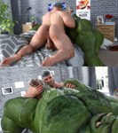 3d_(artwork) ad-games balls bed bodily_fluids body_hair boruk_(ad-games) butt chest_hair cum cum_covered detailed_background digital_media_(artwork) duo furniture genital_fluids genitals green_body green_skin hairy hi_res human humanoid inside johnathan_(ad-games) male male/male mammal messy muscular muscular_male nipples not_furry nude on_bed orc pecs stubble