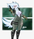 absurd_res anthro ara_squawks arathemacaw avian beak belly bird blue_body breasts clothing explosives feathers female gloves grenade gun handwear hi_res jumpsuit latex markings midriff owl ranged_weapon solo straps tactical_gear tyra_(arathemacaw) weapon white_body zipper