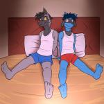 1:1 anthro anthrofied bed boxers_(clothing) clothed clothing duo furniture fuze generation_3_pokemon generation_4_pokemon hi_res logan_(fuze) male nintendo on_bed pawl_(fuze) pokemon pokemon_(species) poochyena riolu shirt sitting tank_top topwear underwear