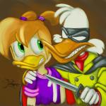 1:1 anatid anseriform anthro at_knifepoint avian bird blood bodily_fluids darkwing_duck disney duck ducktales duo female gosalyn_mallard hostage knife lizsama male negaduck nervous smile smirk villainous young young_anthro young_female