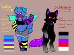 4:3 ambiguous_gender anthro armwear black_body black_fur blue_body blue_fur canid canine canis clothed clothing collar domestic_cat domestic_dog duo felid feline felis female fur hi_res mammal model_sheet purple_body purple_fur red_eyes sparklefur standing wings xxstrangerxx