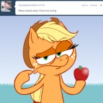 1:1 annoyed apple applejack_(mlp) ask_jappleack blonde_hair clothing cowboy_hat earth_pony english_text equid equine female feral food freckles friendship_is_magic fruit gesture grass green_eyes hair half-closed_eyes hand_gesture hasbro hat headgear headwear horse hotdiggedydemon mammal my_little_pony narrowed_eyes outside plant pointing pointing_at_head pointing_at_self pony ponytail sky solo text the_truth tumblr