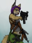 3:4 ak-47 ak_platform anthro assault_rifle belt black_nose blue_eyes breast_squish breasts canid canine clothed clothing female geena_gonorah gun hair handgun holding_gun holding_object holding_ranged_weapon holding_weapon holster ipoke mammal more_dakka pistol purple_hair ranged_weapon revolver rifle short_hair simple_background solo squish straps submachine_gun tail tongue weapon white_background