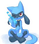 ambiguous_gender black_body black_fur blue_body blue_fur bottle codd-neck_bottle container cooling_off crossed_legs facial_markings feral fur generation_4_pokemon head_markings hi_res holding_object markings mask_(marking) nintendo one_eye_closed pokemon pokemon_(species) red_eyes riolu simple_background sitting ska_siyu solo tan_body tan_fur water_bottle white_background