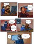 absurd_res anthro chair clothing comic computer computer_mouse dialogue digital_drawing_(artwork) digital_media_(artwork) electronics english_text furniture hi_res hoodie hyena linux male male/male malle_yeno mammal office_chair procyonid profanity raccoon text topwear