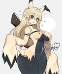 absurd_res anthro black_body bottomless breasts clothed clothing female generation_1_pokemon generation_7_pokemon hair hi_res humanoid mammal mimikyu nintendo pokemon pokemon_(species) pokemorph simple_background solo spiral_eyes tail thick_thighs togetoge torn_clothing yellow_body