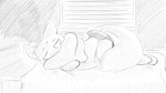 16:9 animal_crossing anthro biped blush bodily_fluids clothed clothing dragonweirdo fur hi_res hug hugging_object hugging_pillow lying male mammal marshal_(animal_crossing) monochrome nintendo on_side pillow rodent sciurid solo sweat sweatdrop tail tree_squirrel widescreen