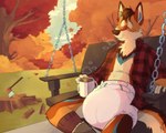 anthro autumn axe beverage blue_body blue_fur brown_body brown_fur canid canine canis clean_diaper clothed clothing coffee container cup detailed_background diaper eyes_closed flannel footwear fur grass hi_res log male mammal morning mug orange_body orange_fur outside pattern_clothing plaid plaid_clothing plant red_body red_fur red_wolf sky slusheep socks solo swing tan_body tan_fur tree tree_stump wearing_diaper wolf wood