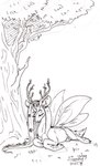 2019 accessory crown dryad_(elepatrium) elepatrium_universe eyes_closed female feral flower flower_in_hair hair hair_accessory headgear hi_res insect_wings la'fiat'ria multi_wing plant queen royalty scut_tail short_tail sketch solo sunny_way tail traditional_media_(artwork) tree wings