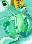 animate_inanimate anthro butt english_text featureless_hands hacony hi_res inflatable keiga living_inflatable living_pool_toy lock_bulge lying male nude null_bulge on_back pool_toy solo text toyholes translucent translucent_body wet_floor_sign