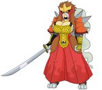 anthro armor armwear big_breasts breasts brown_body brown_fur brown_hair clothing dress entei fangs female fur generation_2_pokemon hair hi_res huge_breasts legendary_pokemon melee_weapon nintendo pokeball pokemon pokemon_(species) simple_background solo sword teeth thick_thighs urusee584 weapon white_background