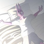 1:1 2024 2dliquid anthro bed_sheet bedding biped bottomwear clothed clothing comic fingers hi_res lagomorph leporid lying male mammal on_back pillow pink_body rabbit shirt shorts solo t-shirt topwear