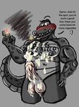 3:4 anthro balls balls_blush barazoku big_balls big_penis big_tobacco_(character) blush blushing_penis bodily_fluids body_blush body_writing cigarette cigarette_in_mouth cigarette_smoke crocodile crocodilian cum cum_covered cumshot daddy_kink dialogue drug_dealer drugs ejaculation english_text fire genital_fluids genitals good_boy grey_background hi_res male messy moobs muscular muscular_anthro muscular_male nipples object_in_mouth orgasm penile penis penis_milking razzberryeclair reptile scales scalie simple_background smoke smoking smoking_tobacco solo teasing text unknown_artist writing_on_chest