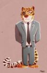 anthro clothing disney earpiece eye_patch eyewear felid hands_behind_back hi_res male mammal pantherine rockbottomfeeder simple_background solo suit tiger zootopia