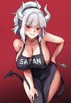 absurd_res apron apron_only big_breasts breasts clothing colored_nails demon demon_humanoid english_text eyebrows female foxyreine_(artist) hair hand_on_hip hand_on_leg hand_on_thigh helltaker hi_res holding_fork holding_object horn huge_breasts humanoid long_hair lucifer_(helltaker) markings mole_(marking) mostly_nude nails not_furry ponytail red_background red_eyes red_nails simple_background smile solo spade_tail tail text text_on_apron text_on_clothing text_on_topwear topwear unavailable_at_source white_body white_eyebrows white_hair white_horn white_skin