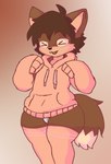 absurd_res anthro bottomless bottomwear canid canine clothed clothing crossdressing dinim femboy footwear fox fur hair hi_res legwear male mammal open_mouth panties smile socks solo standing sweater sweater_only tail thick_thighs thigh_highs thigh_socks topwear topwear_only underwear wide_hips