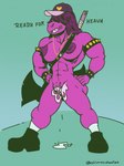 3:4 abs absurd_res anthro axe battle_axe bodily_fluids boots bracelet breasts clothing cross cross_necklace cum cum_in_pussy cum_inside deltarune dialogue dinosaur dripping english_text female footwear genital_fluids genitals hair hair_over_eyes hands_on_hips hi_res humanoid inverted_cross jewelry mostly_nude muscular navel necklace nude nude_female olimacdoodles pendant prehistoric_species purple_hair pussy reptile retro scalie shoes simple_background smile socks solo spiked_bracelet spikes susie_(deltarune) text tomboy toony undertale_(series) vaginal_fluids