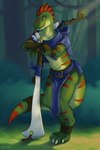 2:3 adventurer anklet anthro armor bottomwear bow_(weapon) bracers claws cloak clothing crossed_arms depre forest head_crest hi_res jewelry leaning leaning_forward leaning_on_sword leaning_on_weapon leather leather_armor lizard lizardman loincloth looking_at_viewer male melee_weapon outside plant ranged_weapon reptile rivocie_(rawrzky) scalie smile solo standing sword tail three-quarter_view toe_claws tree weapon yellow_sclera