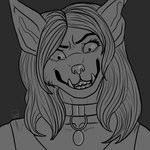 1:1 angry anthro close-up collar crazed_look fangs gnoll hi_res hyena larry_canon mammal monochrome nazreen_(racheltheseeker) notched_ear rape_face solo teeth